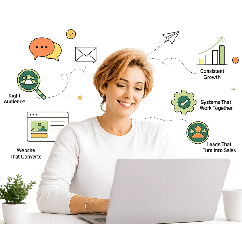 happy business owner looking at her laptop